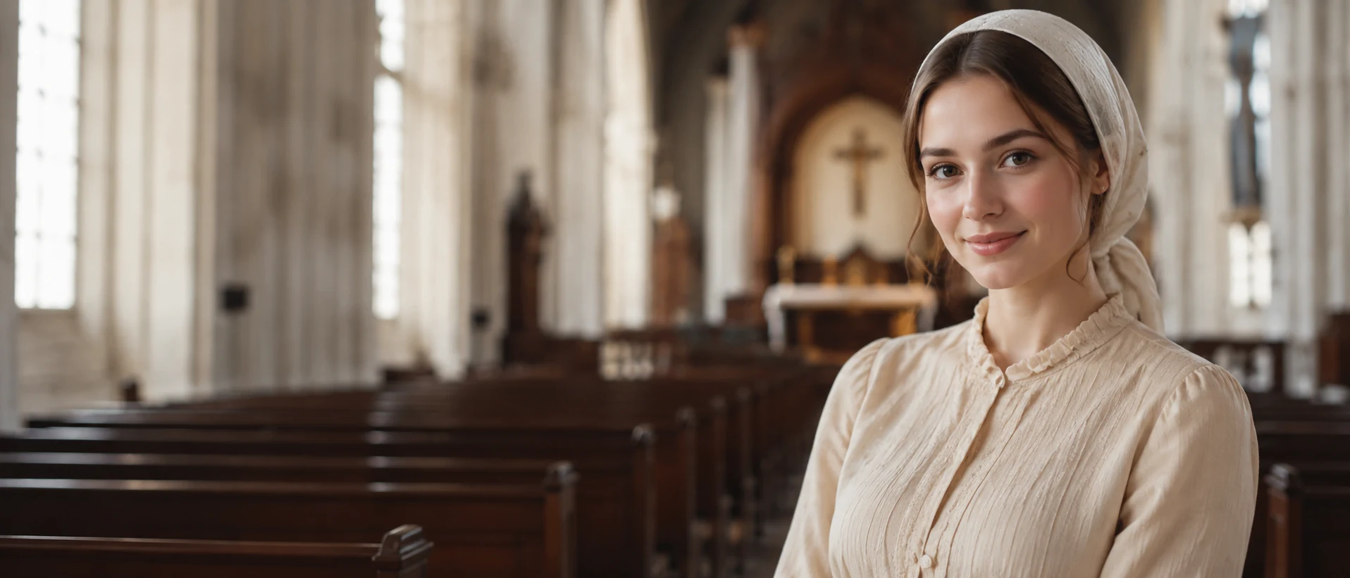 Woman wearing a white head covering inside a church