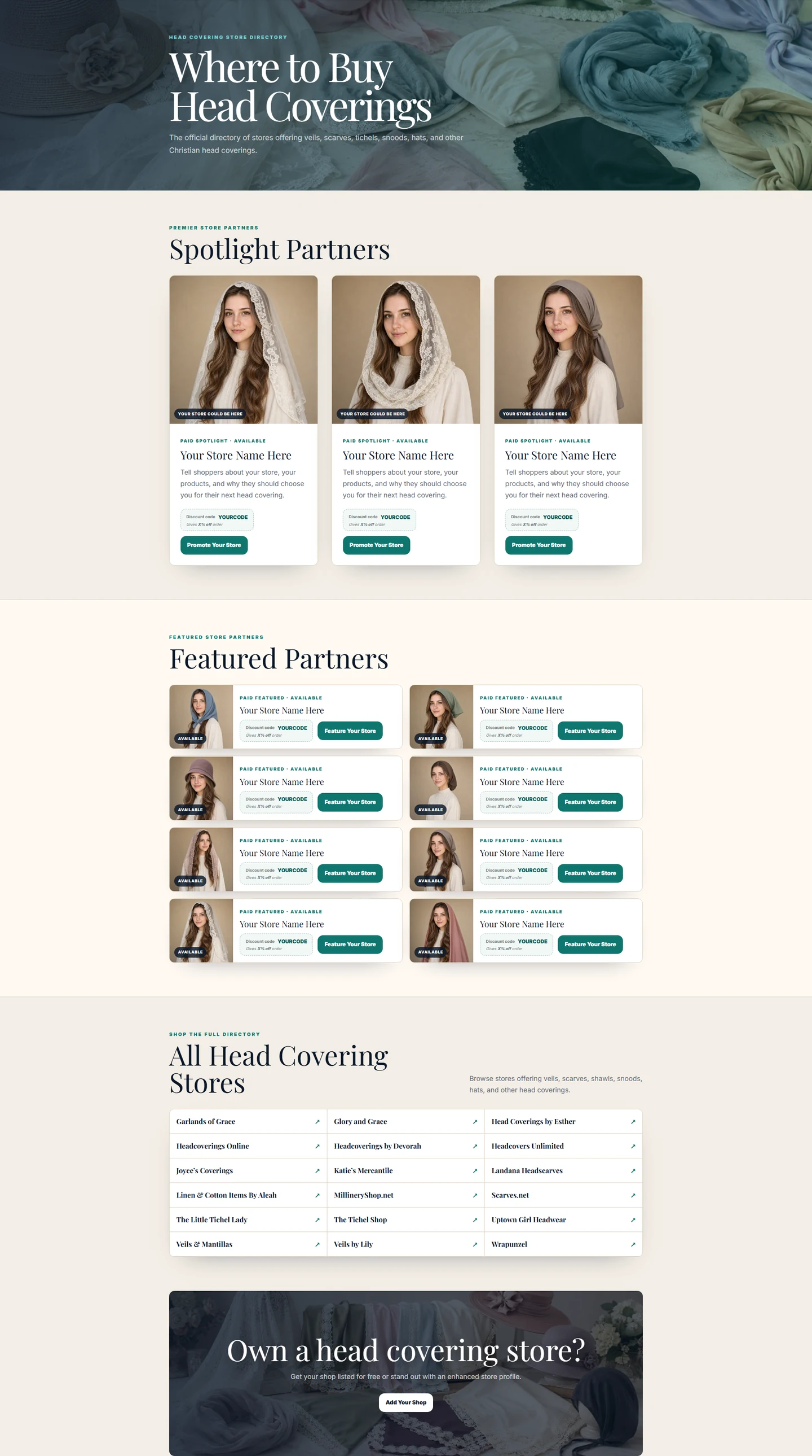 Current Head Covering Store Directory page showing Spotlight, Featured, and full-directory placements
